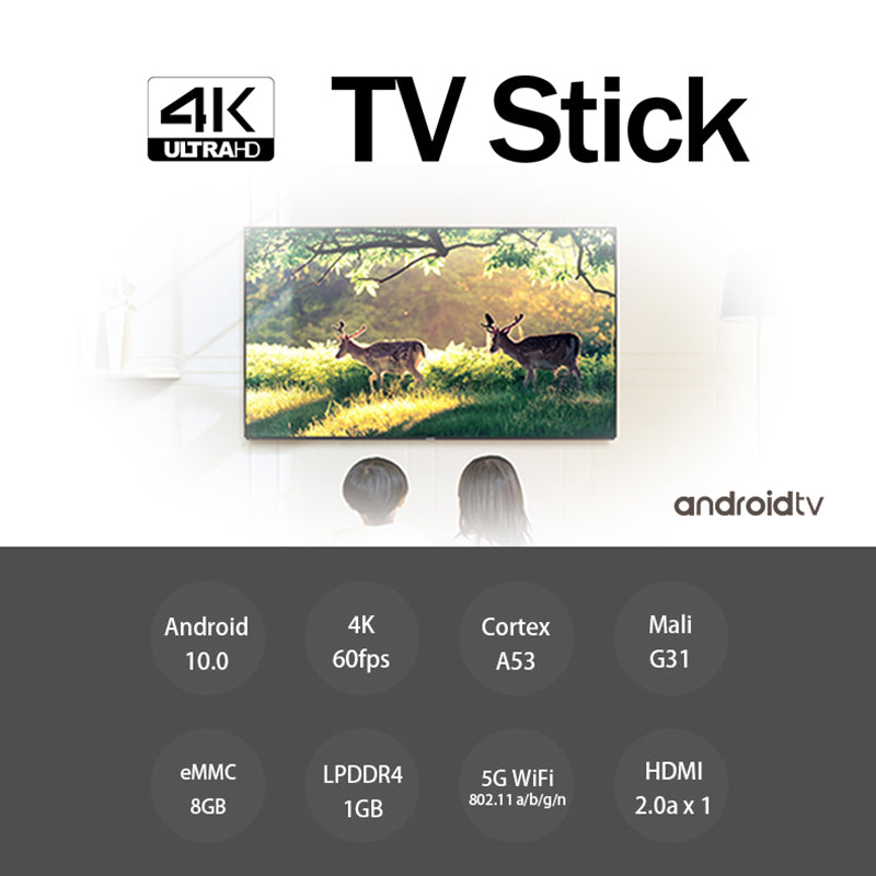 Blulory 4K TV Stick Global Version Android 10.0 CPU Quad-core ARM Cortex-A53 GPU Mali-G31 1GB 8GB Wi-Fi 2.4G+5GHz
