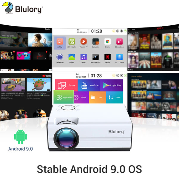 Blulory Portable T1 HD Home Theater Projector 1080P Android 9.0 1GB 8GB RAM 4K LED Video Projector for Home Theater Phones