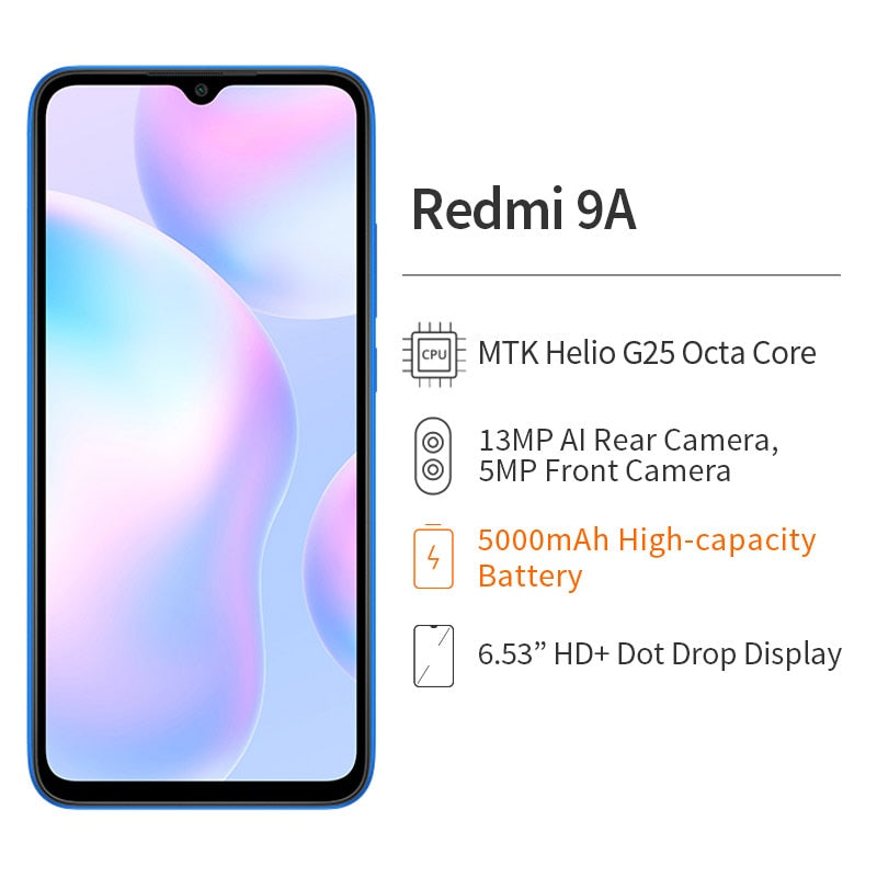 Global ROM Xiaomi Redmi 9A 9 A 2GB 32GB Smartphone 5000mAh 6.53&amp;quot Large Screen MTK Helio G25 Octa Core 13MP AI Camera