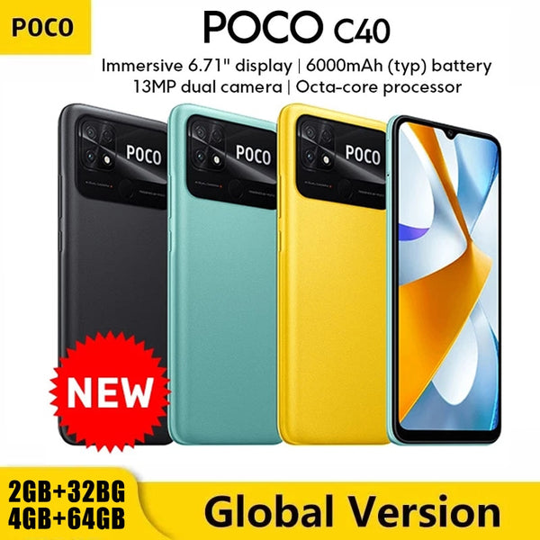 New Global Version POCO C40 4GB 64GB Smartphone 6000mAh battery 6.71Display JLQ JR510 Octa-core CPU 13MP main camera